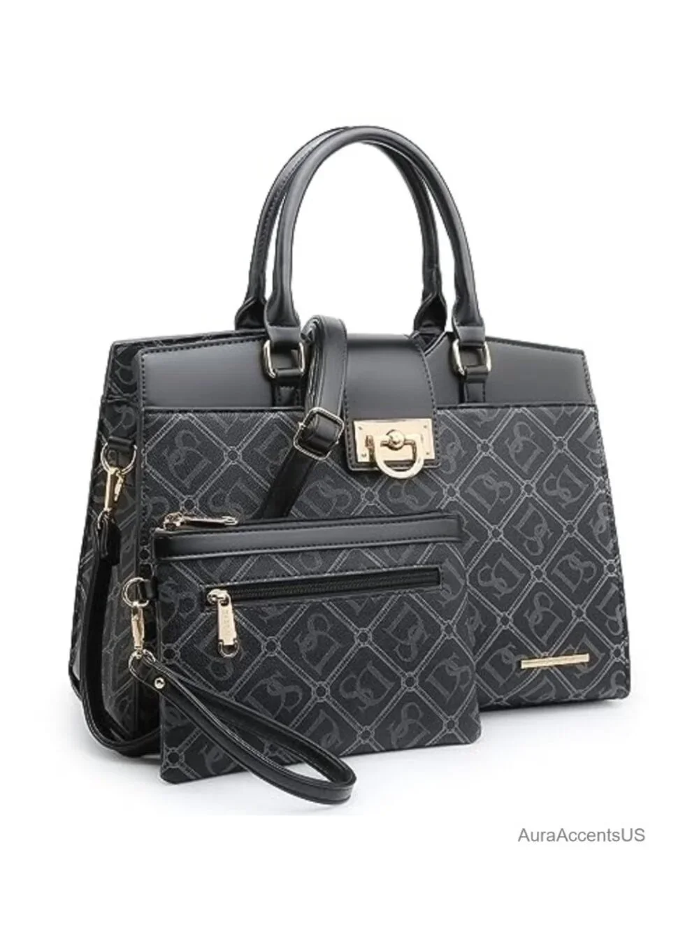 Monogram Faux Leather Satchel Purse 2-Piece Set Large Work Tote